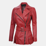 Asymmetrical Red Leather Jacket Women with Belt