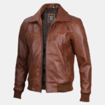 Brown Leather Harrington Bomber Jacket