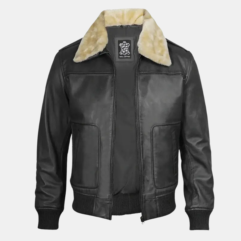 Garrett Vintage Bomber Black Leather & Fur Collar