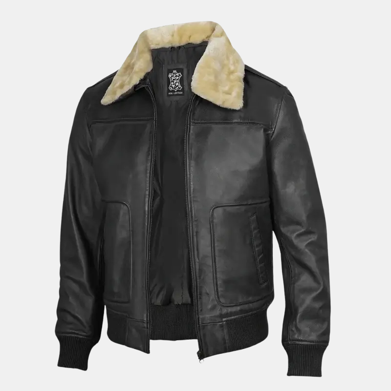 Men’s Vintage Bomber Black Leather & Fur Collar