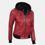 Red Leather Jacket with Removable Hood for Women