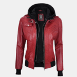 Trendy Red Leather Jacket with Removable Hood for Women