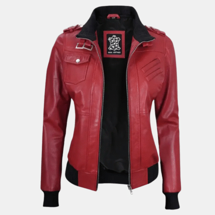Trendy Red Leather Jacket with Removable Hood for Women's