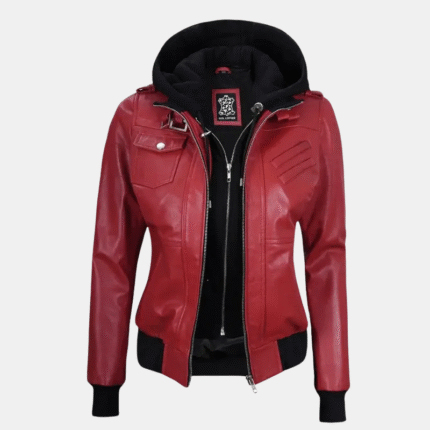 Trendy Red Leather Jacket with Removable Hood for Womens
