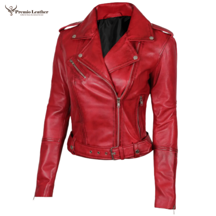 red women leather jacket