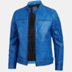 Bold Blue Dodge Men's Cafe Racer Leather Jacket
