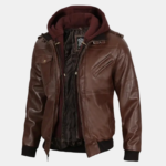 Men Dark Brown Leather Bomber Jacket with Hood