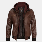 Men’s Aviator-Style Dark Brown Leather Bomber Jacket with Hood