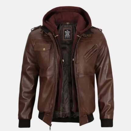 Men’s Aviator-Style Dark Brown Leather Bomber Jacket with Hood