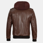 Men’s Brown Leather Bomber Jacket with Hood