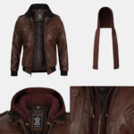 Men’s Dark Brown Leather Bomber Jacket with Hood
