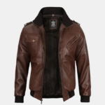 Men’s Style Dark Brown Leather Bomber Jacket with Hood