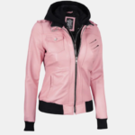 Pink Bomber Leather Jacket for Women with Removable Hood