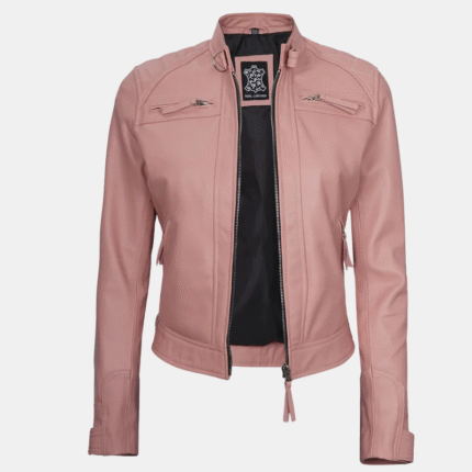 Premium Womens Pink Diamond Real Leather Biker Jacket