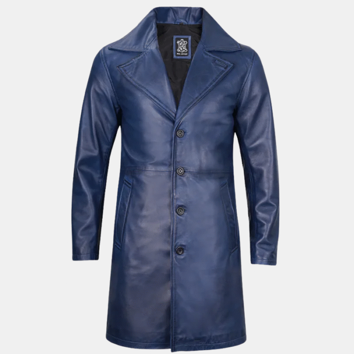 Real Leather Men’s Car Coat Blue 3 4 Length Timeless Look
