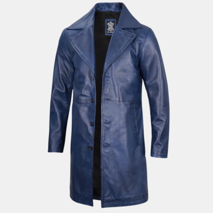 Real Leather Men’s Coat Blue 3 4 Length Timeless Look