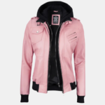 Stylish Pink Bomber Leather Jacket for Women with Removable Hood