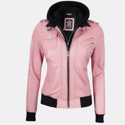 Stylish Pink Bomber Leather Jacket with Removable Hood