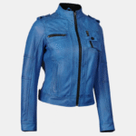 Tavares Womens Blue Distressed Leather Moto Jacket