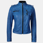 Tavares Women’s Blue Distressed Leather Moto Jacket