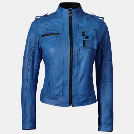Tavares Women’s Blue Distressed Leather Moto Jacket