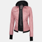 Tralee Women Real Leather Pink Bomber Jacket with Hood