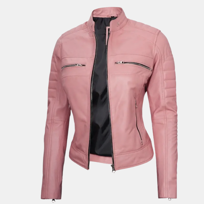 Turn Heads in Pink Real Leather Cafe Racer Jacket