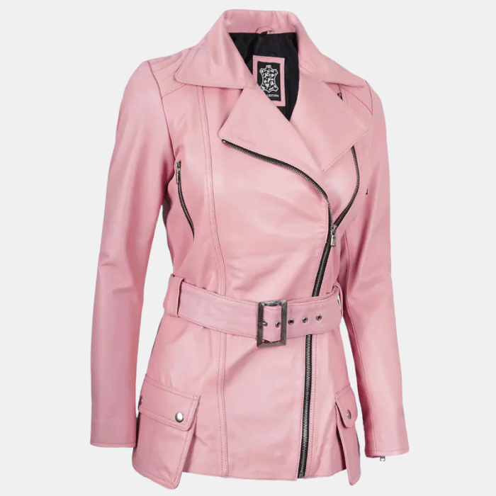Women Pink Asymmetrical Leather Jacket with Stylish Belt Detail