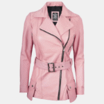 Women’s Pink Asymmetrical Leather Jacket with Stylish Belt