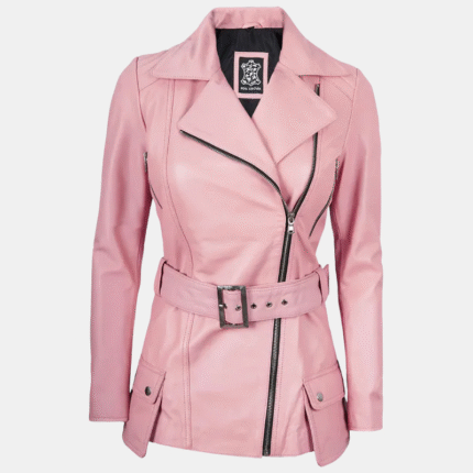 Women’s Pink Asymmetrical Leather Jacket with Stylish Belt