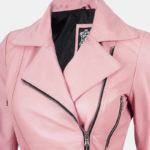 Womens Pink Asymmetrical Leather Jacket with Stylish Belt Detail