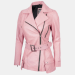 Women’s Pink Asymmetrical Leather Jacket with Stylish Belt Detail