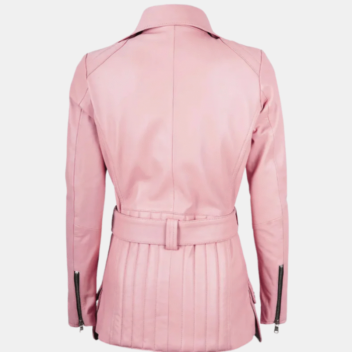 Women’s Pink Leather Jacket with Stylish Belt Detail