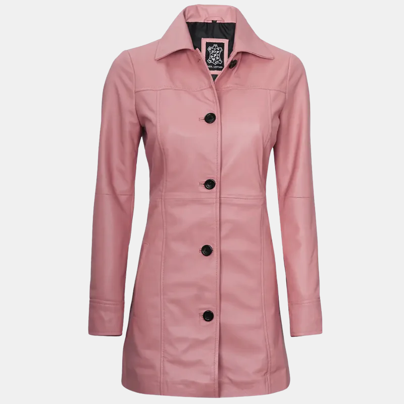 Women’s Pink Real Leather Car Coat Modern Twist on Classic Style