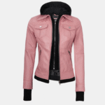 Women’s Real Leather Pink Bomber Jacket with Hood