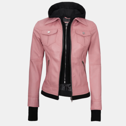 Women’s Real Leather Pink Bomber Jacket with Hood