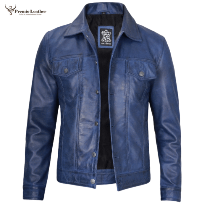 blue leather jacket