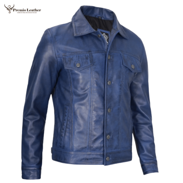 mens blue leather jacket