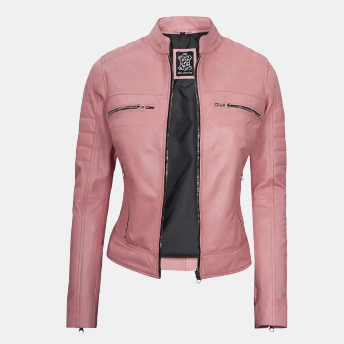 women Pink Real Leather Cafe Racer Jacket