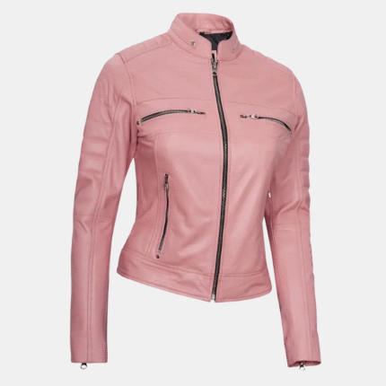 women's Pink Real Leather Cafe Racer Jacket