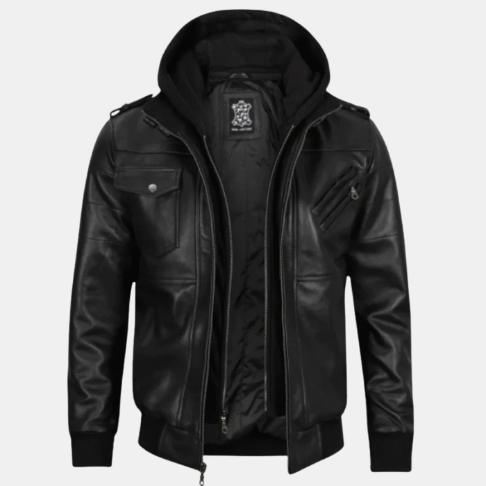black leather hooded jacket