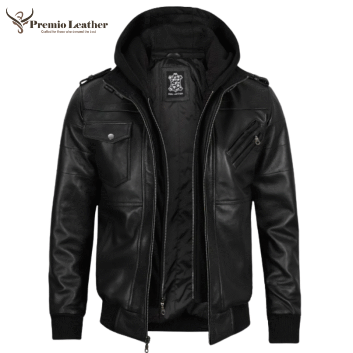 black leather hooded jacket