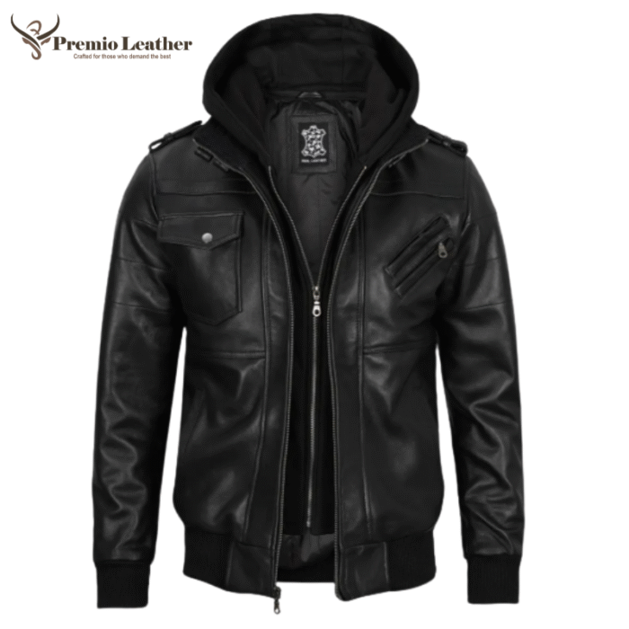 black leather hooded jacket men's