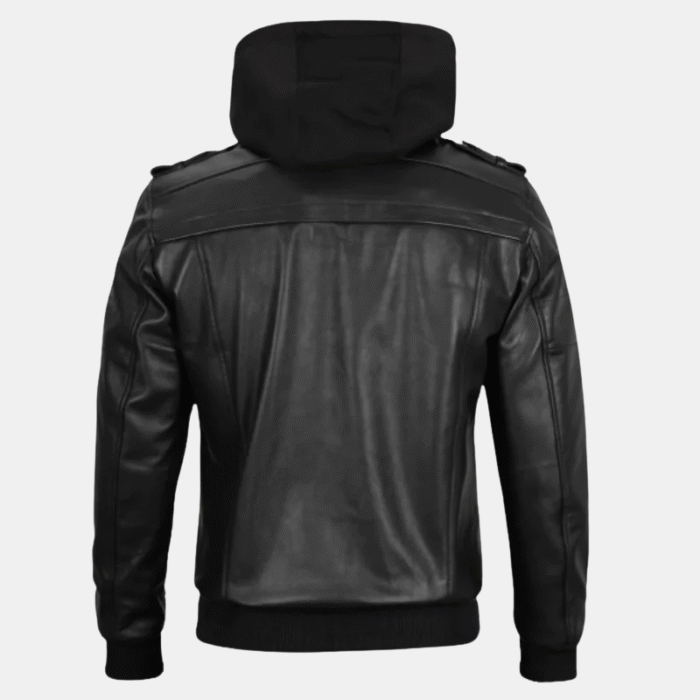 black leather jacket with black hoodie