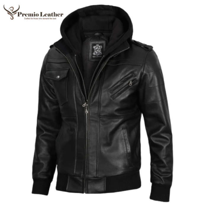 black leather jacket with black hoodie