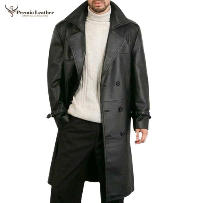 double breasted leather coat mens