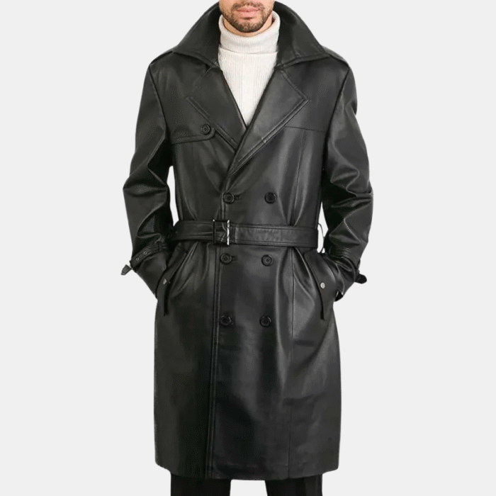 double breasted leather trench coat