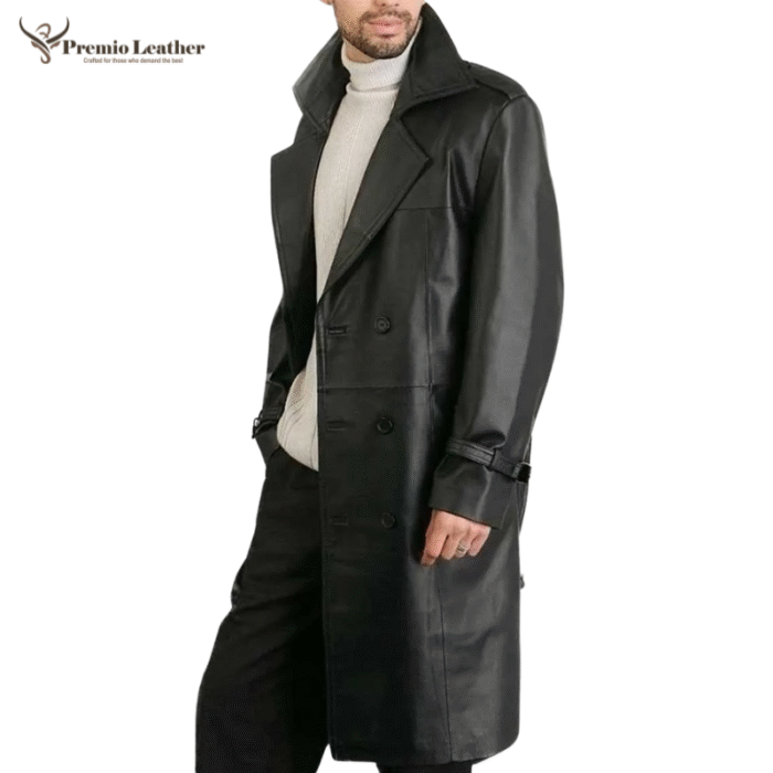double breasted leather trench coat