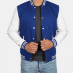 white and blue varsity jacket