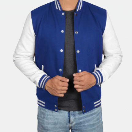 white and blue varsity jacket